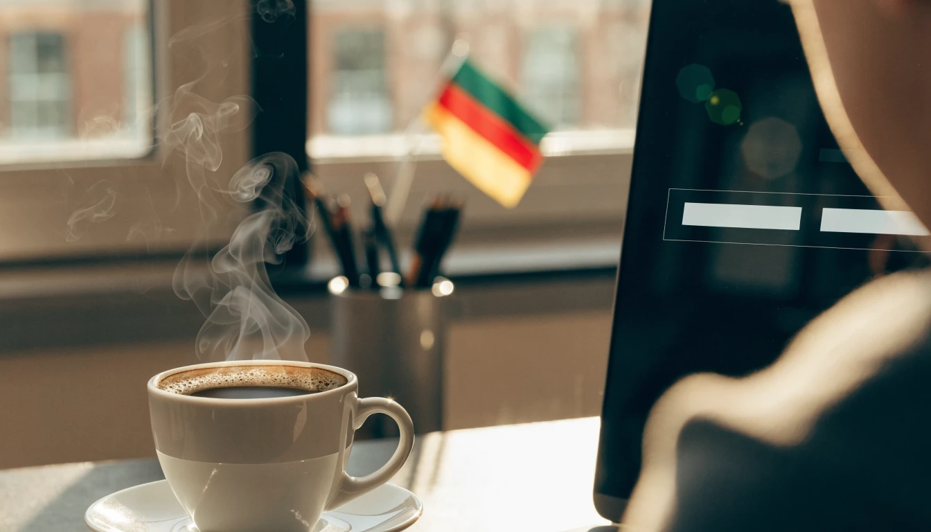 Deutsch: Kaffee, Flagge und Cookie‑Zustimmung auf Schreibtisch