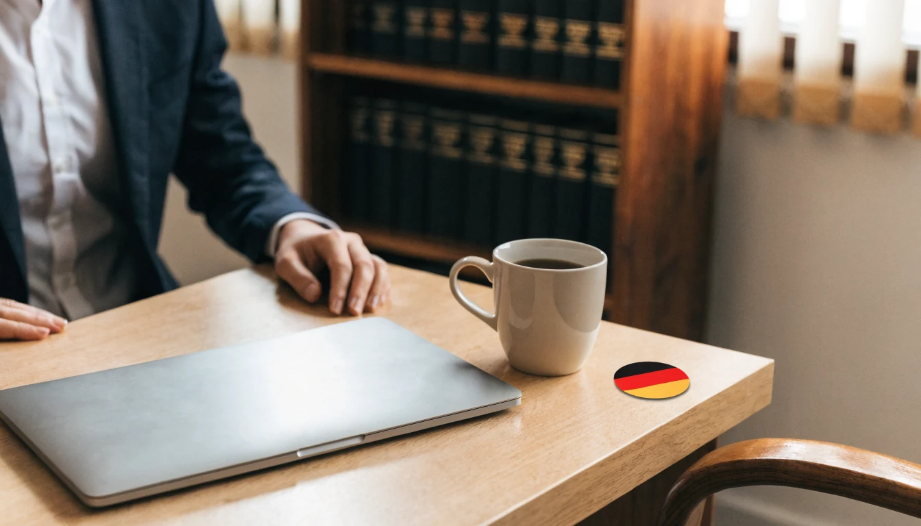 Professionelles Büro mit Laptop, Kaffeetasse und deutschem Flaggen-Pin