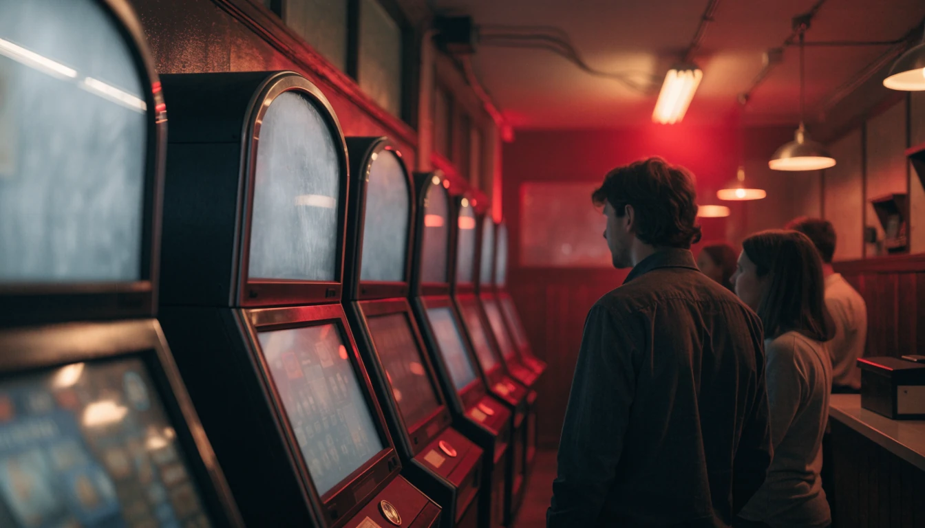 Alte Spielhalle mit verdeckten Spielautomaten, deutsche Atmosphäre