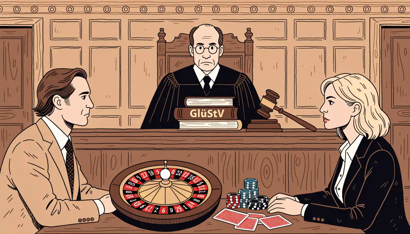 Gerichtsszene mit Gavel, GlüStV-Büchern, Roulette und Pokerchips