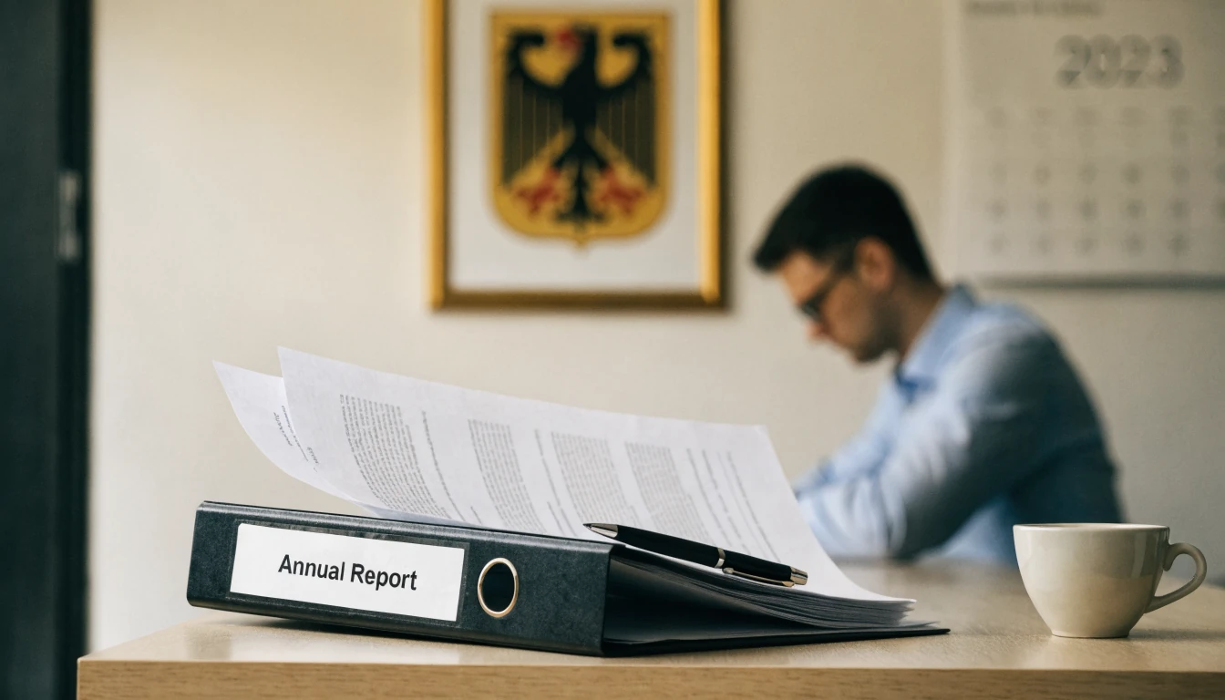 Schreibtisch mit Jahresbericht, Stift und Kaffeetasse