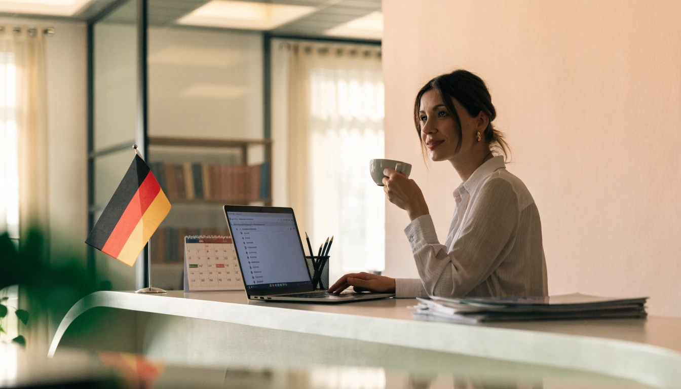 Freundlicher Mitarbeiter im deutschen Büro mit Laptop und Kaffee