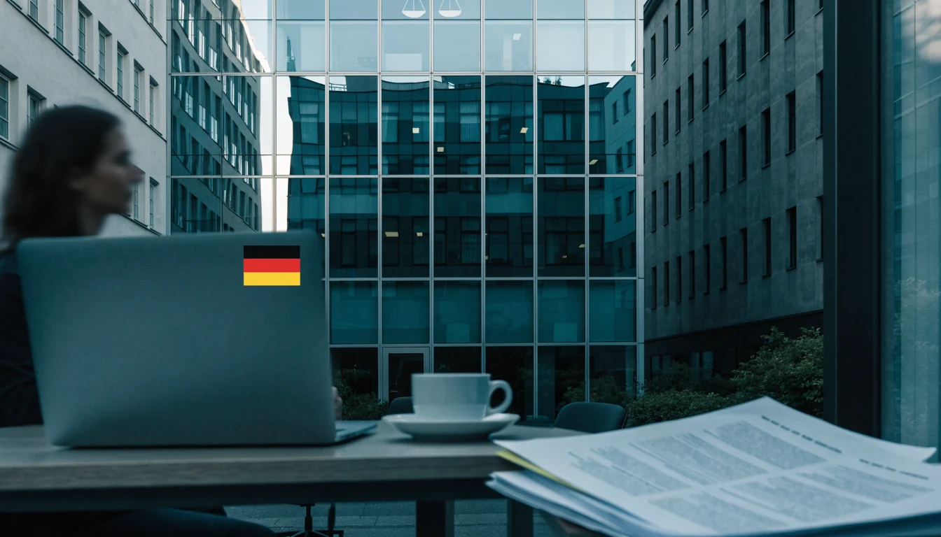 Modernes Bürogebäude mit rechtlichen Symbolen, Dokumenten und deutscher Flagge